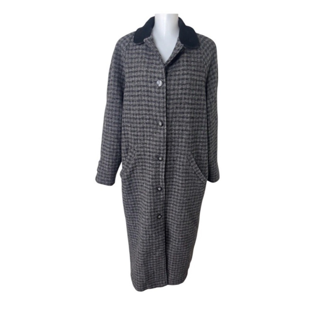 VTG LL Bean Wool Houndstooth Coat Long Suede Leather Collar Womens Medium Gray